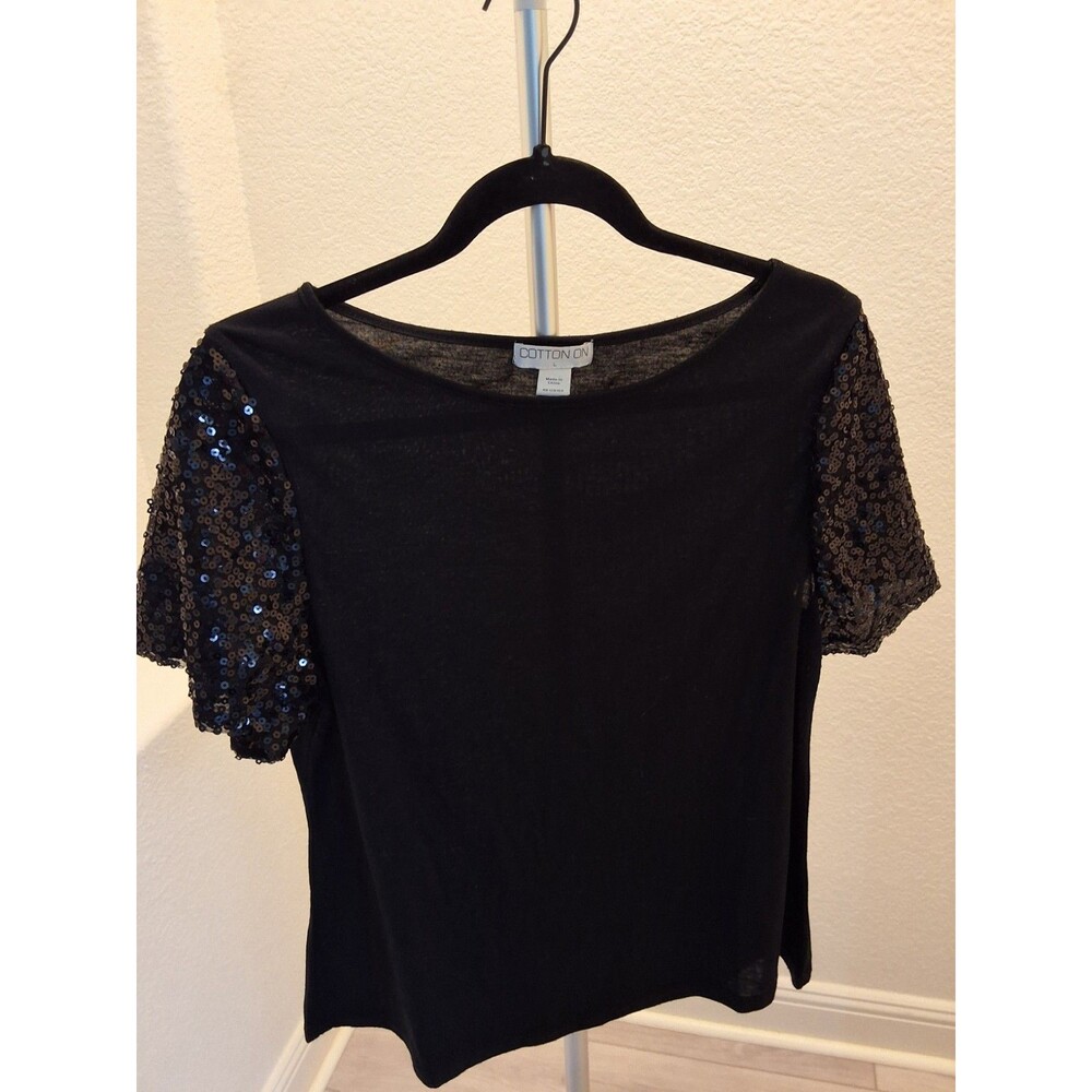 Cotton On Black With Sequins Sleeves Short Sleeve Size L Womens Shirt
